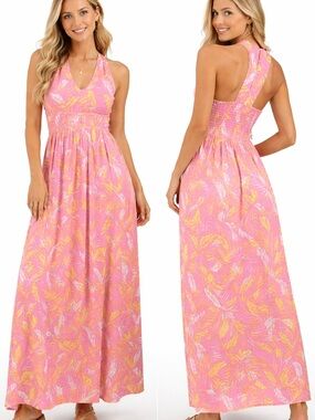 Jessica Simpson Pink & Yellow Floral Halter Maxi Dress